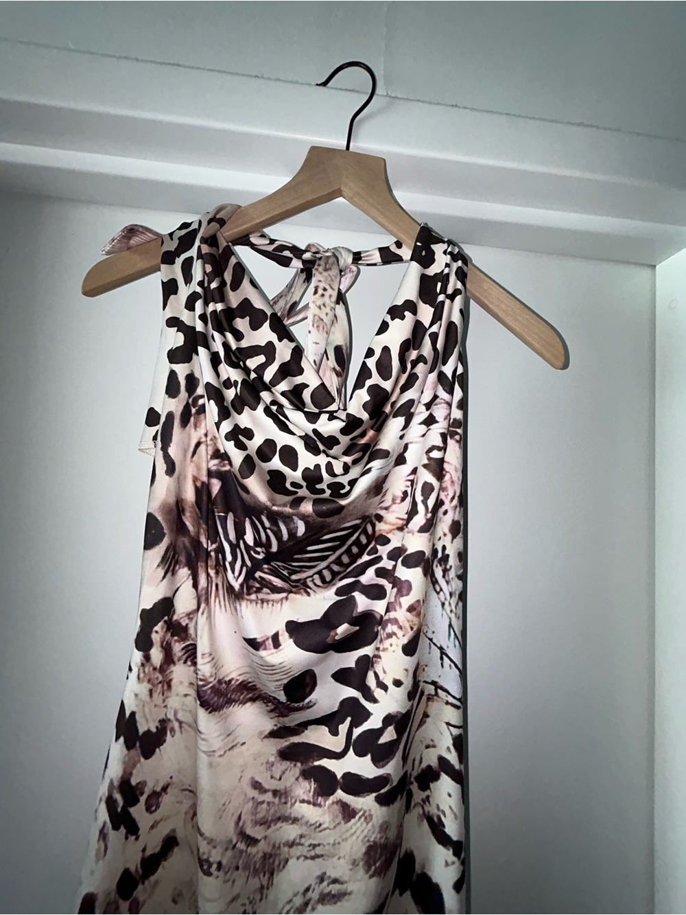 Fashion Nova Cream & Brown Printed Satin Halter Dress